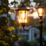 A photograph of a well-lit outdoor scene featuring a stylish lamp post