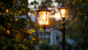 A photograph of a well-lit outdoor scene featuring a stylish lamp post