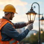 A photograph of a well-designed lamp post lamp installed in an urban setting