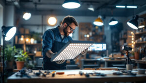 A photograph of a lighting contractor expertly installing a modern lights panel in a well-lit workspace