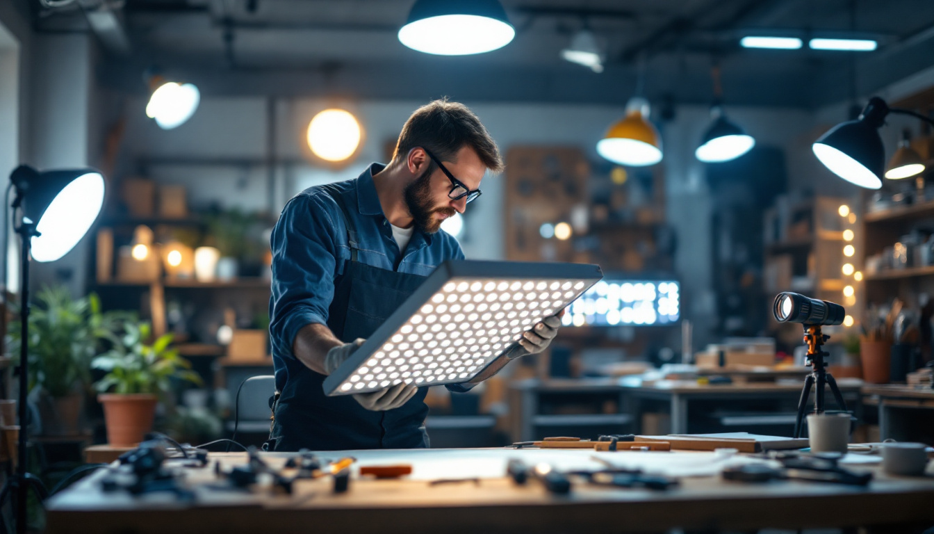 A photograph of a lighting contractor expertly installing a modern lights panel in a well-lit workspace
