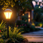 A photograph of a solar-powered light bulb illuminating a beautifully landscaped outdoor space at dusk