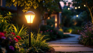A photograph of a solar-powered light bulb illuminating a beautifully landscaped outdoor space at dusk