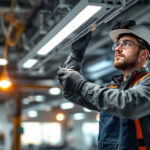 A photograph of a lighting contractor skillfully replacing an electrical ballast in a commercial lighting fixture