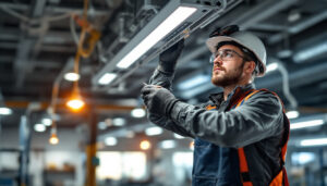 A photograph of a lighting contractor skillfully replacing an electrical ballast in a commercial lighting fixture