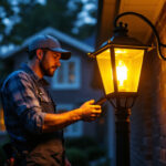 A photograph of a lighting contractor working with a post lantern installation in a residential setting