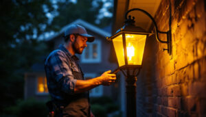 A photograph of a lighting contractor working with a post lantern installation in a residential setting