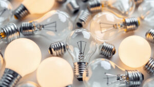 A photograph of a close-up of various standard light bulb bases arranged aesthetically