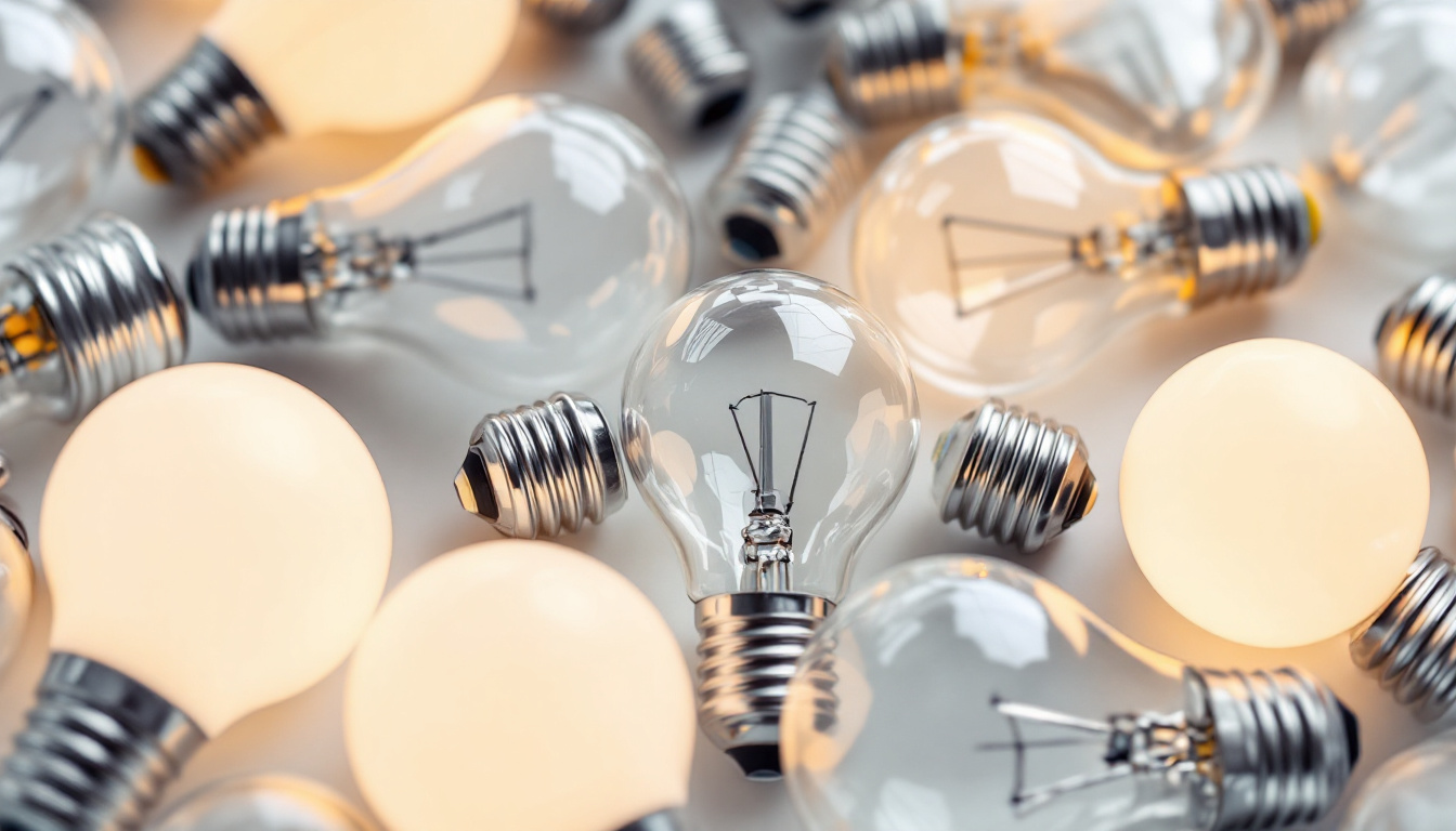 A photograph of a close-up of various standard light bulb bases arranged aesthetically