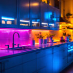 A photograph of a beautifully illuminated kitchen featuring vibrant led strip lights installed under the cabinets