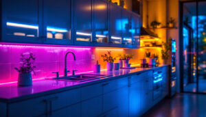 A photograph of a beautifully illuminated kitchen featuring vibrant led strip lights installed under the cabinets