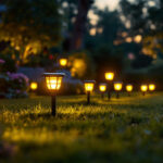 A photograph of a beautifully landscaped lawn illuminated by various styles of solar lights during twilight