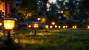 A photograph of a beautifully landscaped lawn illuminated by various styles of solar lights during twilight