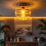 A photograph of a beautifully designed ceiling-mounted light fixture in an aesthetically pleasing room setting