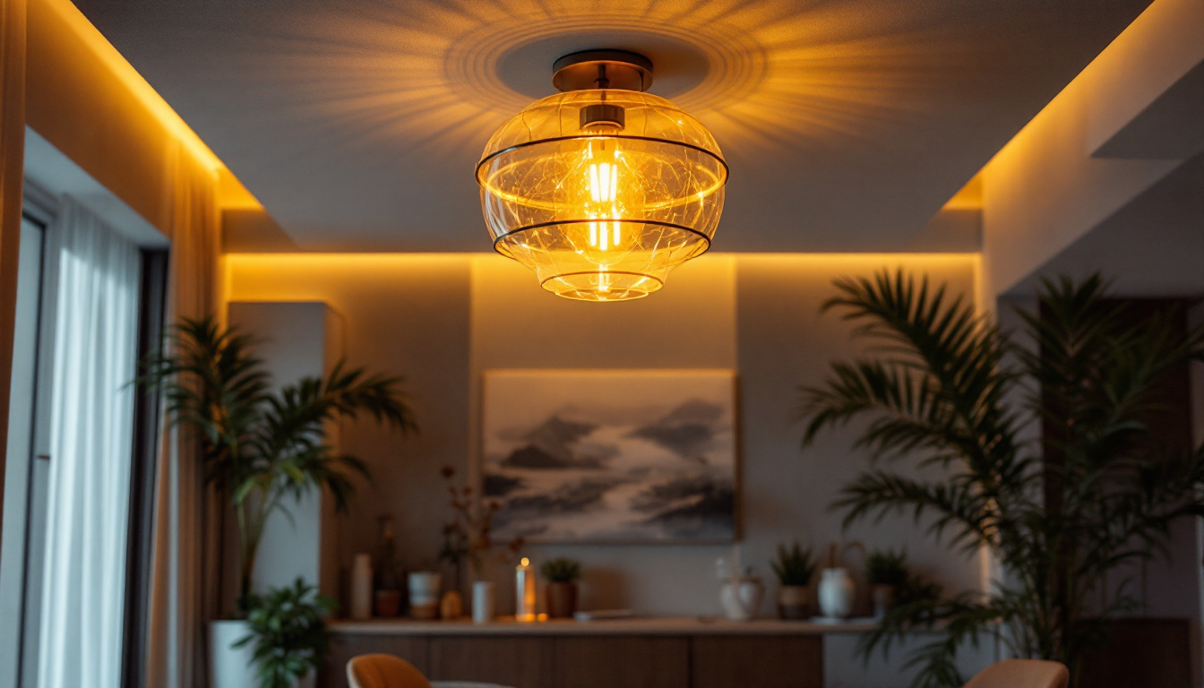A photograph of a beautifully designed ceiling-mounted light fixture in an aesthetically pleasing room setting