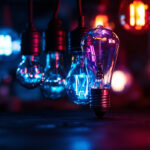 A photograph of a close-up shot of various hid bulbs illuminated in a dimly lit environment