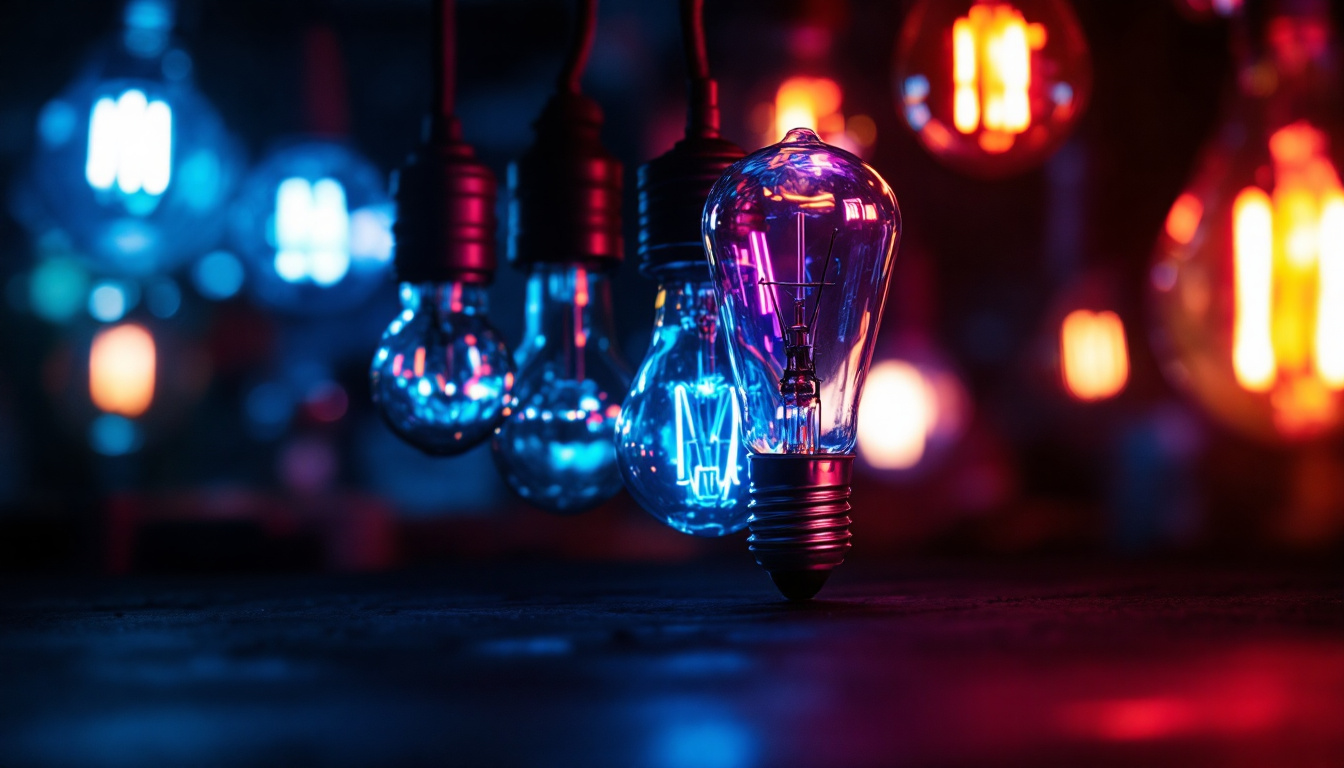 A photograph of a close-up shot of various hid bulbs illuminated in a dimly lit environment