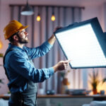 A photograph of a lighting contractor expertly installing or showcasing a vibrant led lighting kit in a modern setting