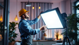 A photograph of a lighting contractor expertly installing or showcasing a vibrant led lighting kit in a modern setting
