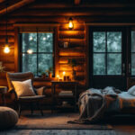 A photograph of a cozy cabin interior illuminated by warm