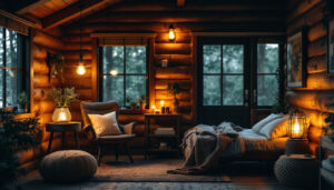 A photograph of a cozy cabin interior illuminated by warm