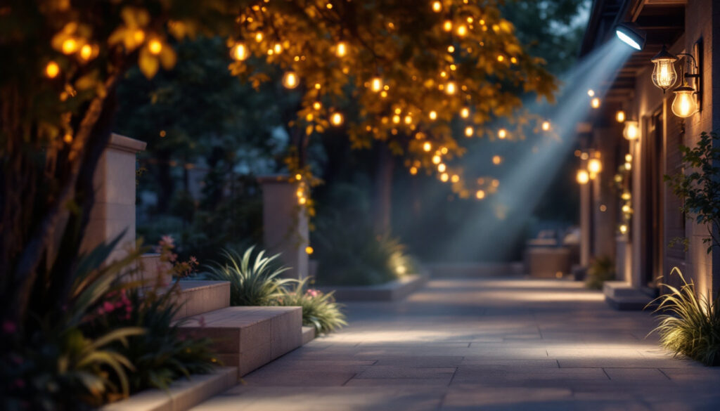 A photograph of a beautifully illuminated outdoor space featuring various styles of flood lights in action