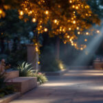 A photograph of a beautifully illuminated outdoor space featuring various styles of flood lights in action