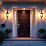 A photograph of a beautifully illuminated front door with stylish lamps flanking either side