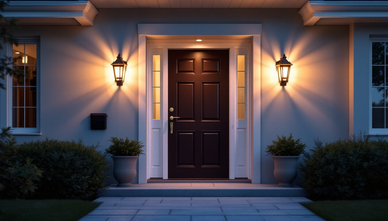 A photograph of a beautifully illuminated front door with stylish lamps flanking either side