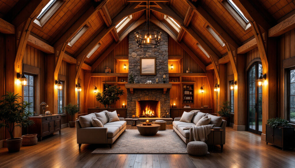 A photograph of a beautifully designed barn house interior showcasing warm