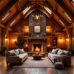 A photograph of a beautifully designed barn house interior showcasing warm