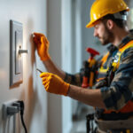 A photograph of a skilled lighting contractor installing a 20 amp switch in a well-lit residential setting