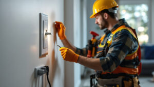 A photograph of a skilled lighting contractor installing a 20 amp switch in a well-lit residential setting