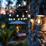 A photograph of a skilled lighting contractor expertly installing outdoor led lighting fixtures in a beautifully landscaped garden or patio setting