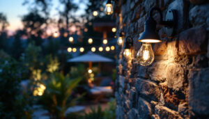 A photograph of a skilled lighting contractor expertly installing outdoor led lighting fixtures in a beautifully landscaped garden or patio setting