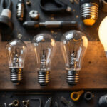 A photograph of a close-up shot of various light bulb bases displayed alongside common tools used by lighting contractors