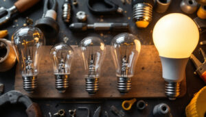 A photograph of a close-up shot of various light bulb bases displayed alongside common tools used by lighting contractors