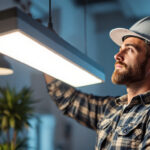 A photograph of a lighting contractor installing or showcasing a sleek led battery-powered light fixture in a modern setting