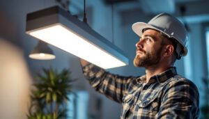 A photograph of a lighting contractor installing or showcasing a sleek led battery-powered light fixture in a modern setting