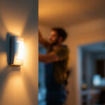 A photograph of a lighting contractor installing a movement sensor switch in a residential or commercial setting