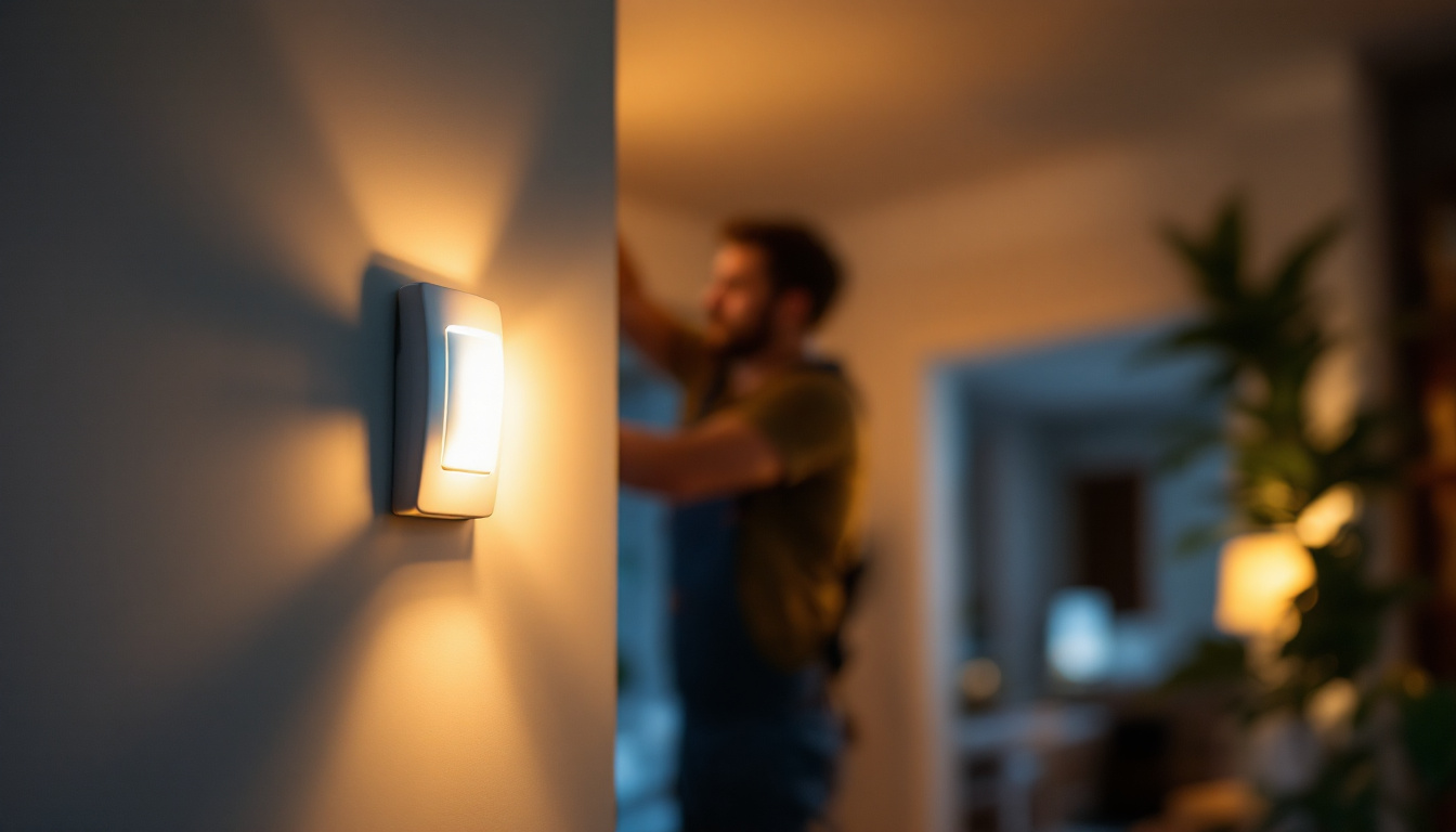 A photograph of a lighting contractor installing a movement sensor switch in a residential or commercial setting