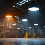 A photograph of a well-lit industrial space showcasing high bay led lights in action