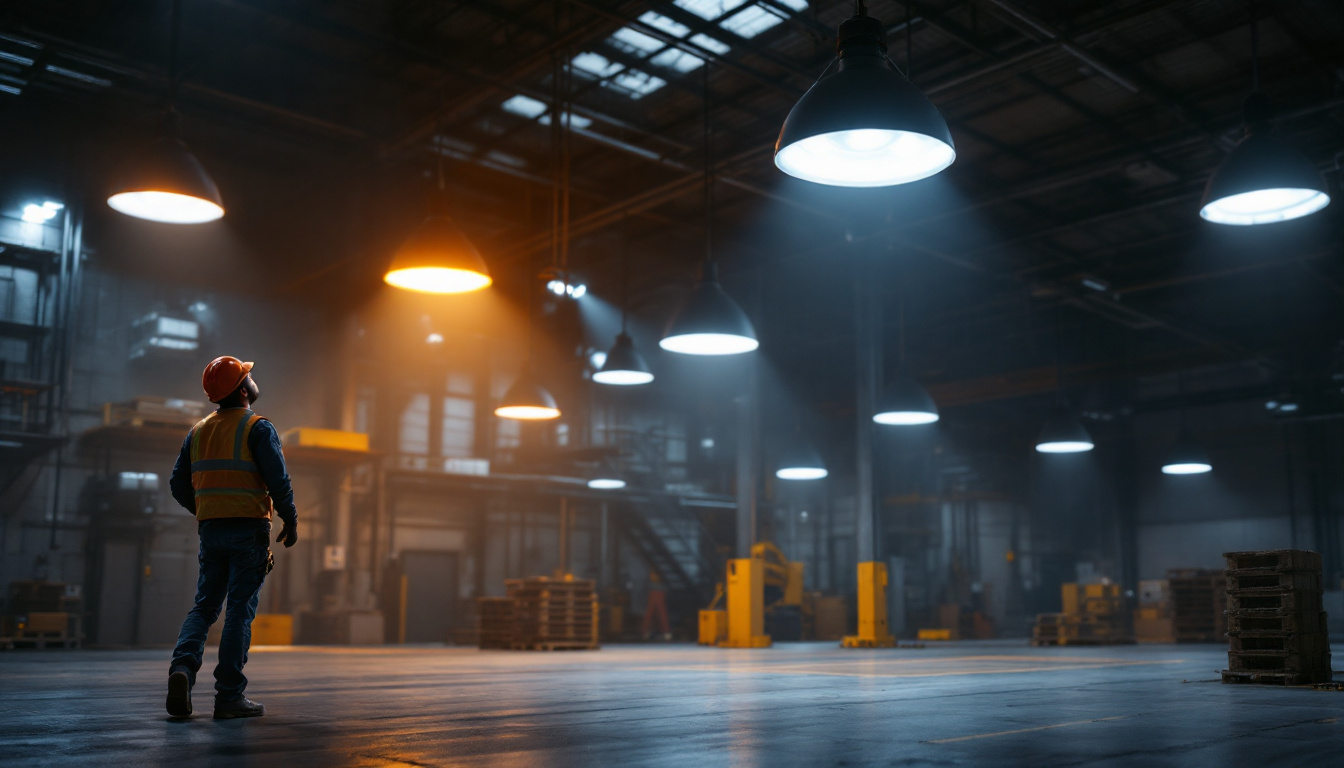 A photograph of a well-lit industrial space showcasing high bay led lights in action