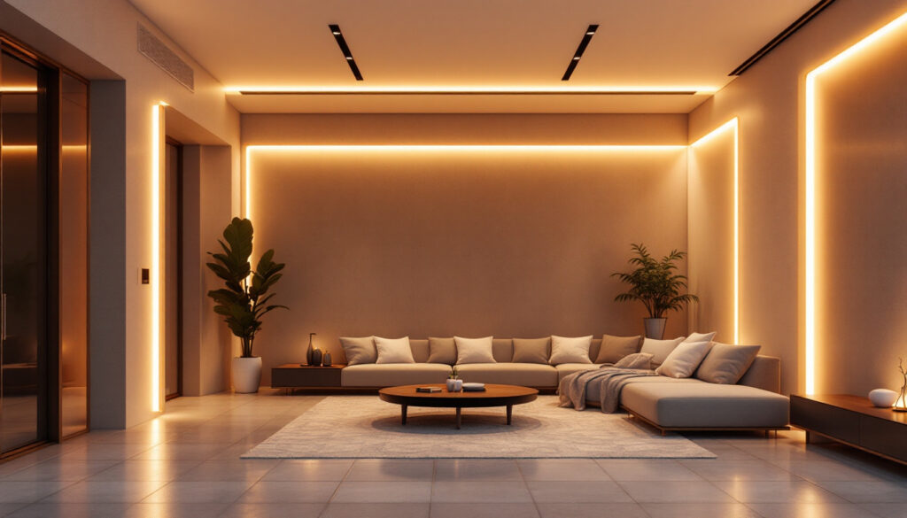 A photograph of a beautifully illuminated indoor space featuring tape lighting