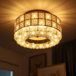 A photograph of a beautifully designed ceiling mount light fixture installed in a stylish interior setting