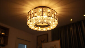 A photograph of a beautifully designed ceiling mount light fixture installed in a stylish interior setting