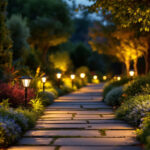 A photograph of a beautifully landscaped outdoor pathway illuminated by various styles of solar path lights