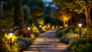 A photograph of a beautifully landscaped outdoor pathway illuminated by various styles of solar path lights