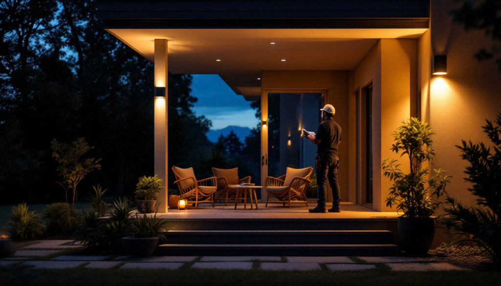 A photograph of a modern porch illuminated by a stylish led lamp at dusk