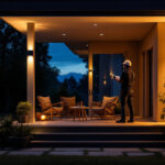 A photograph of a modern porch illuminated by a stylish led lamp at dusk